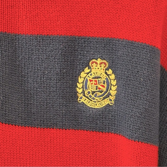 Lauren Ralph Lauren Men's Vintage Sweater Red Navy Striped Gold Crest Sz Medium - Picture 3 of 8